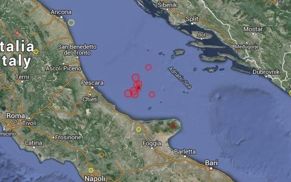 Sciame sismico nell'Adriatico, la scossa più forte magnitudo 4.3