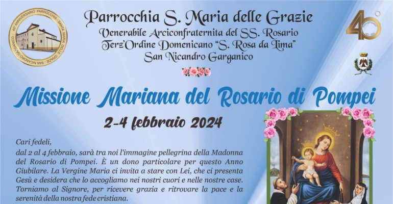 Dal 2 al 4 febbraio la madonna di Pompei al Convento