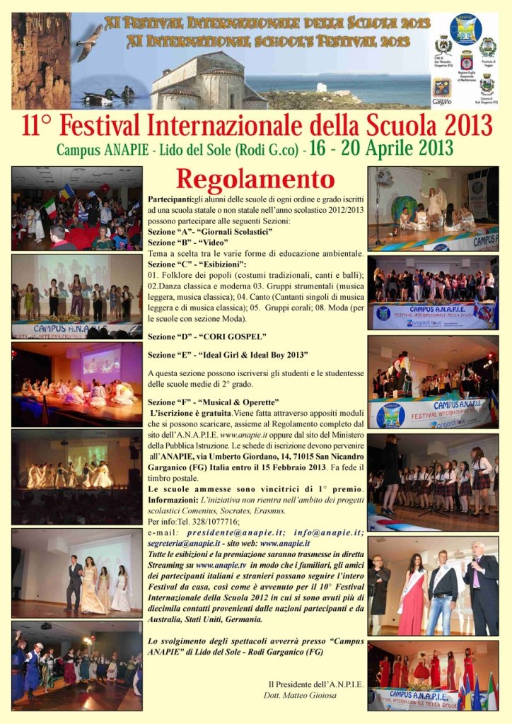 Disponibile il regolamento 2013 del Festival della Scuola